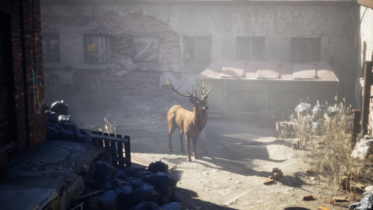 야생 사 ⁇  이 버려진 도시 의 거리 를 돌아다니고 있다