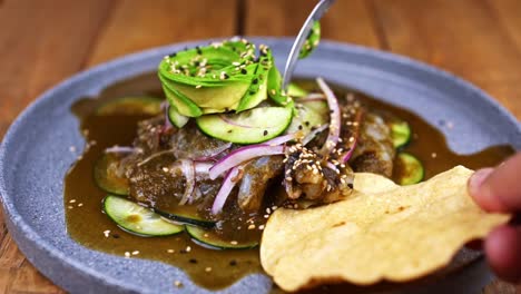 aguachile plate, traditional mexican dish on a wooden table