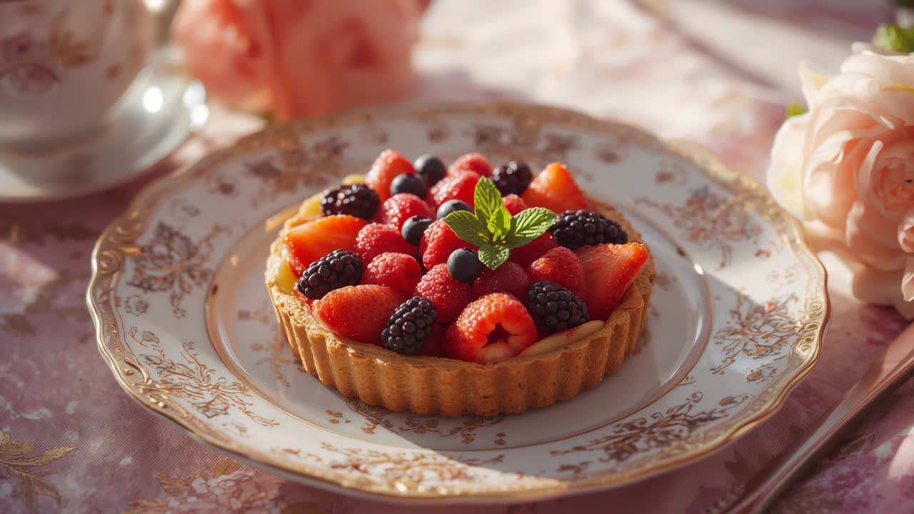 Starting with tart focus, camera shifting across tea set, pink rose at dining nook, revealing charm