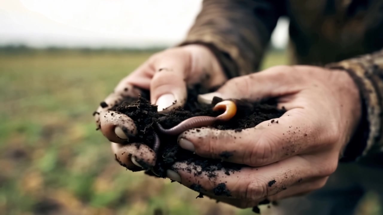 Hands Holding Soil with Worms: A Close-Up View of Soil Health and the Role of Earthworms in Agriculture and Ecosystem Sustainability in a Field Setting