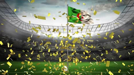 golden confetti falling over waving algeria flag against sports stadium in background