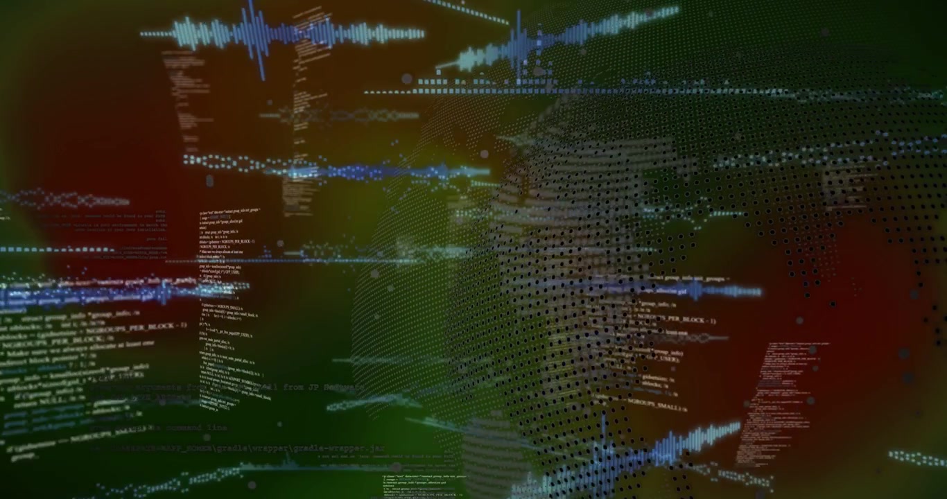 Green-red gradient initiating bluish waveforms, dotted globe forming, visualizing network data flow