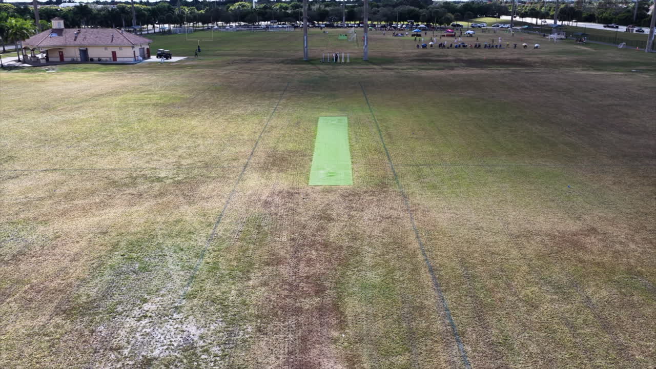 Aerial view of a bowling green on a cricket pitch