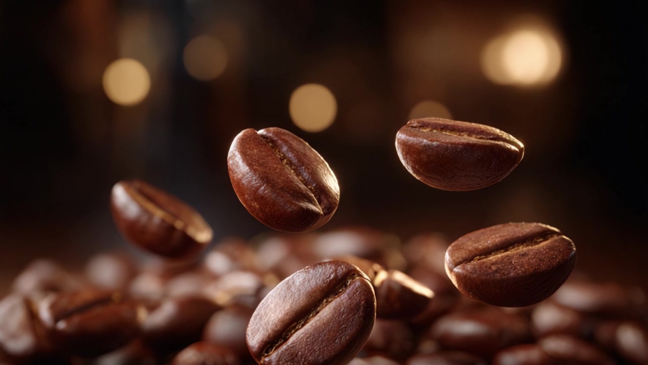 Fængslende kaffebønner i bevægelse: En visuel rejse gennem de ristede kaffebønners svævende elegance på en rustik overflade.