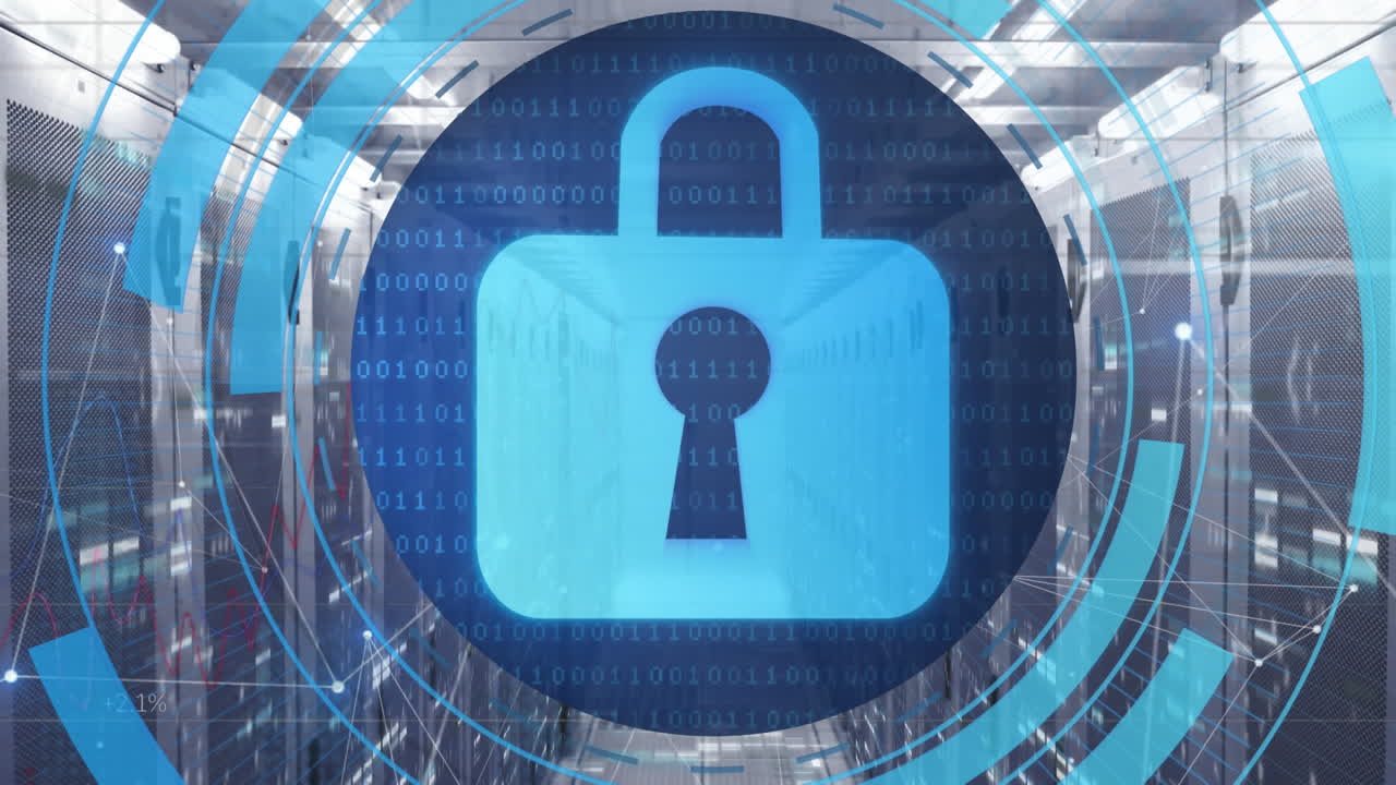 animación de un candado digital en círculos sobre los servidores