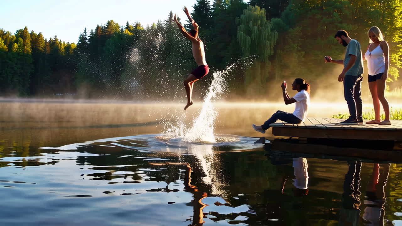 Amici che si divertono al lago all'alba o al tramonto