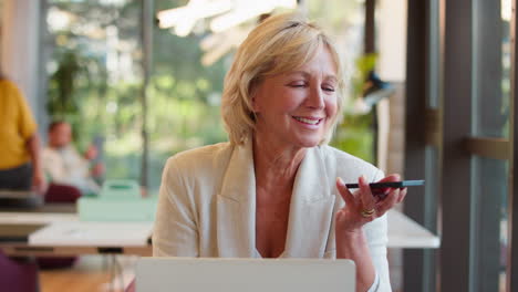 Mature-Businesswoman-Working-On-Laptop-At-Desk-In-Office-Talking-Into-Mic-Of-Mobile-Phone