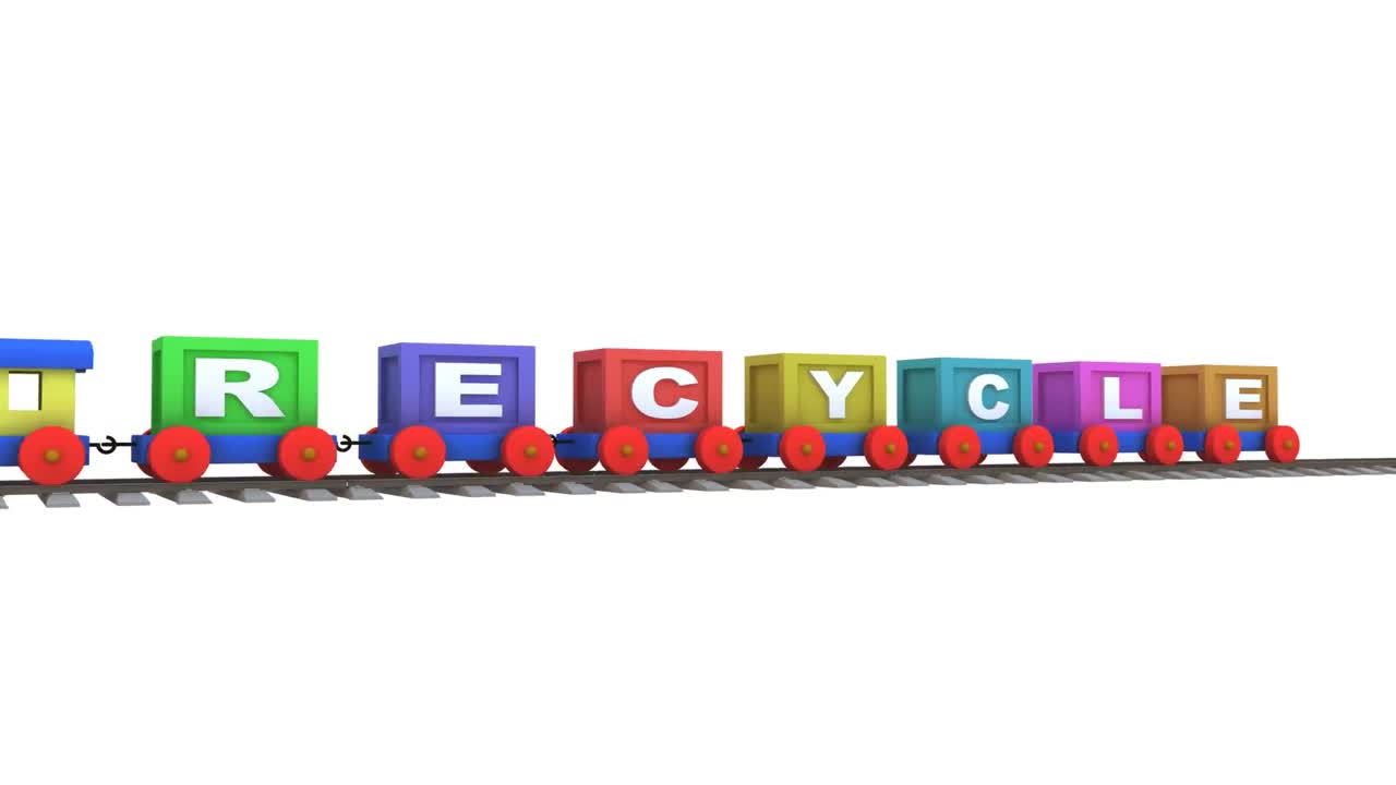 Animazione di un treno 3D che trasporta lettere sul riciclo