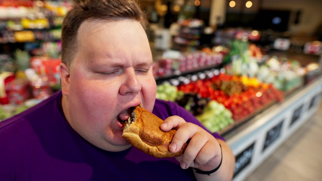 Primo piano di un uomo felice e sovrappeso con i capelli corti che indossa una maglietta viola, mentre mangia un croissant con ripieno al cioccolato in un supermercato