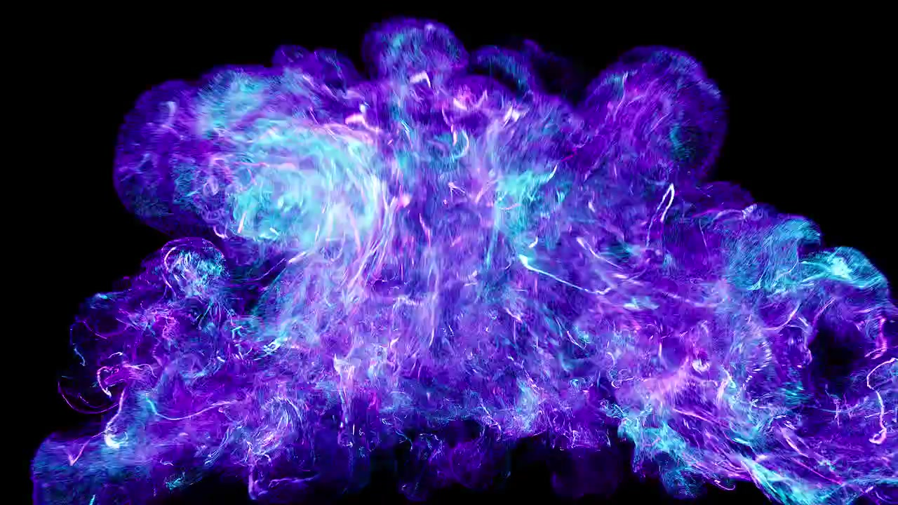 Esplosione astratta di fumo blu e viola su sfondo nero.