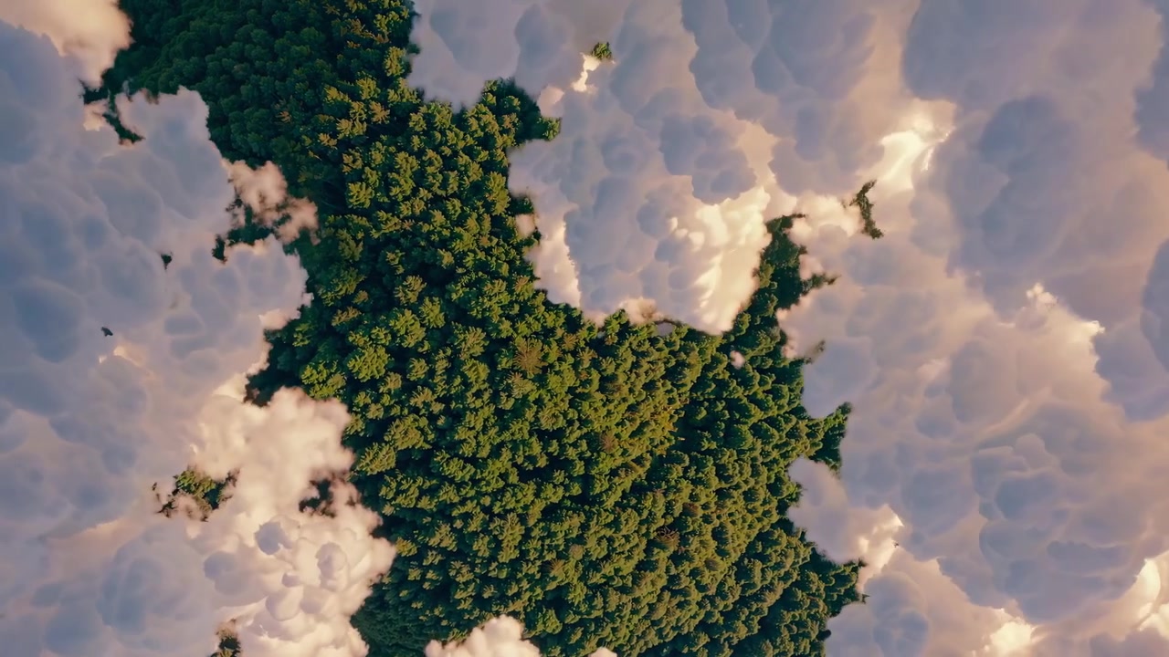Luftaufnahme von oben eines bewaldeten Planeten mit ziehenden Wolken