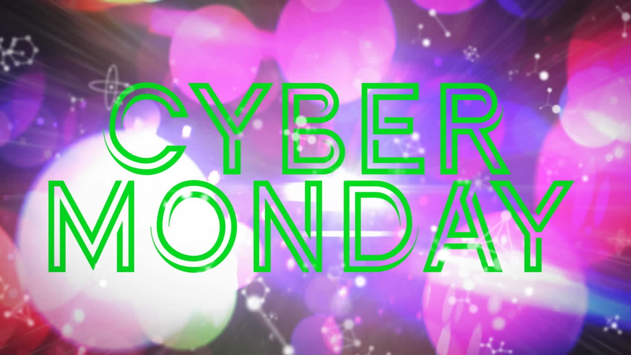 사이버 월요일 텍스트의 디지털 애니메이션과 분자 구조와 보케 조명의 반점