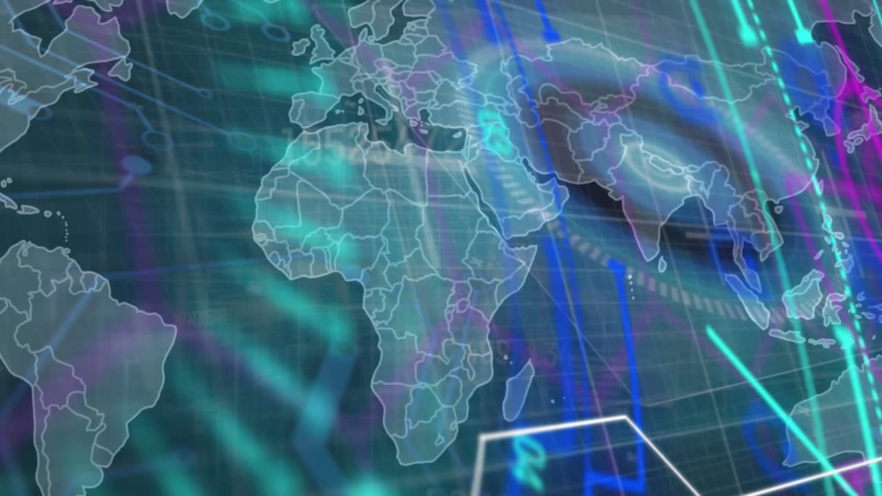 Animation of changing numbers, round scanner and microprocessor connections against world map
