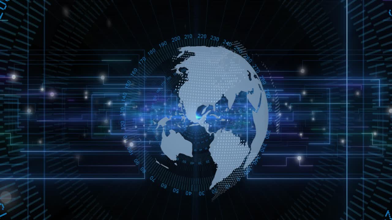 Animation of globe with data processing and network of connections over black background