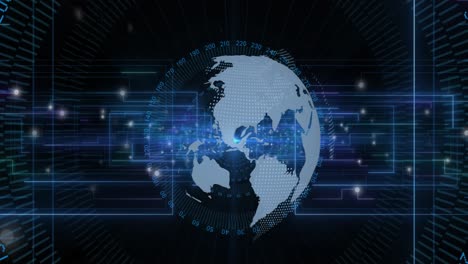 animation of globe with data processing and network of connections over black background