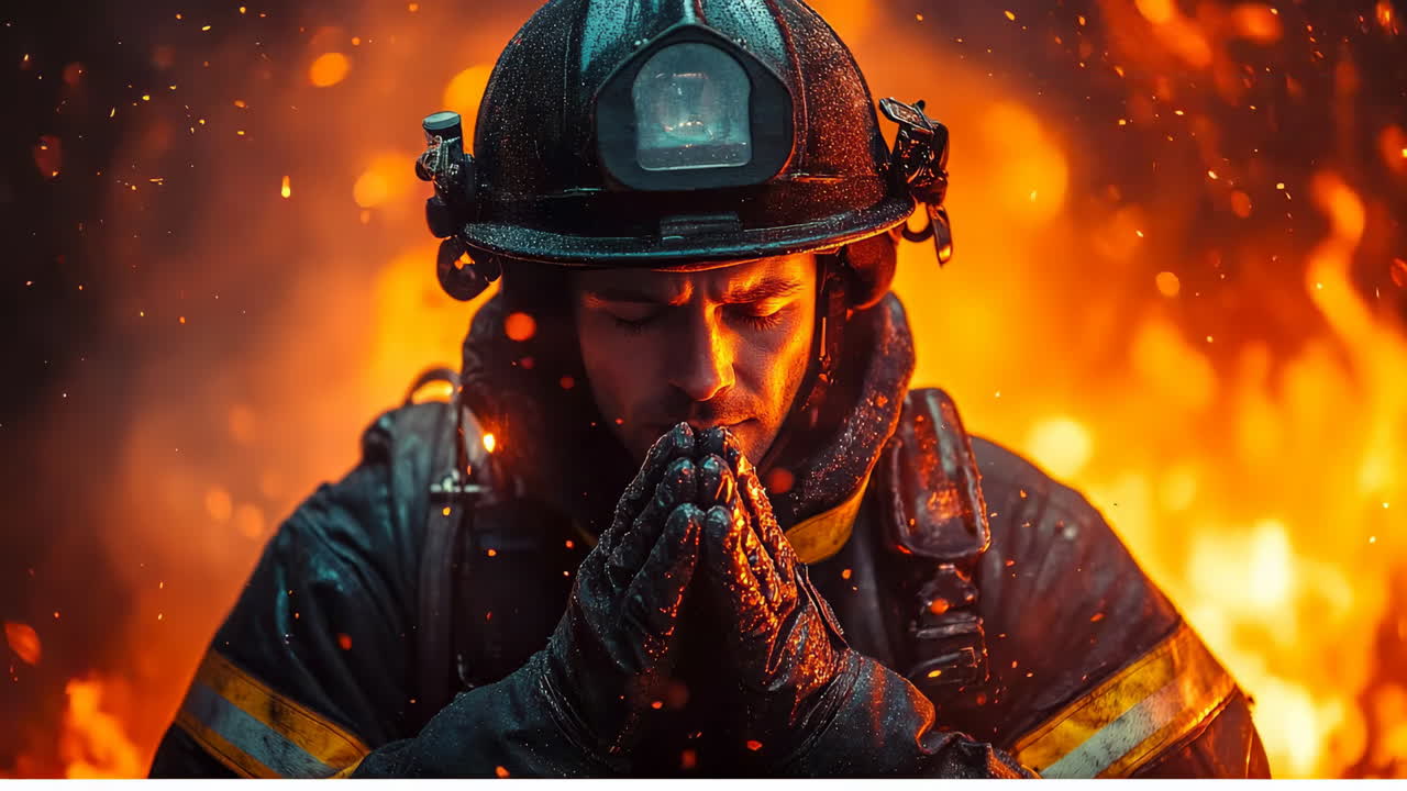 Firefighter praying amidst raging flames. A firefighter kneels in prayer, surrounded by intense flames, showing courage and reflection during a critical moment