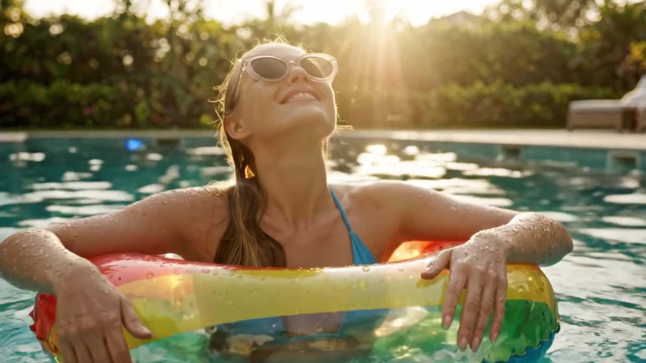 A Joyful Afternoon: A Woman Enjoys Relaxing Poolside in a Colorful Float with Sunglasses and a Bright Smile Under the Glorious Sunlight