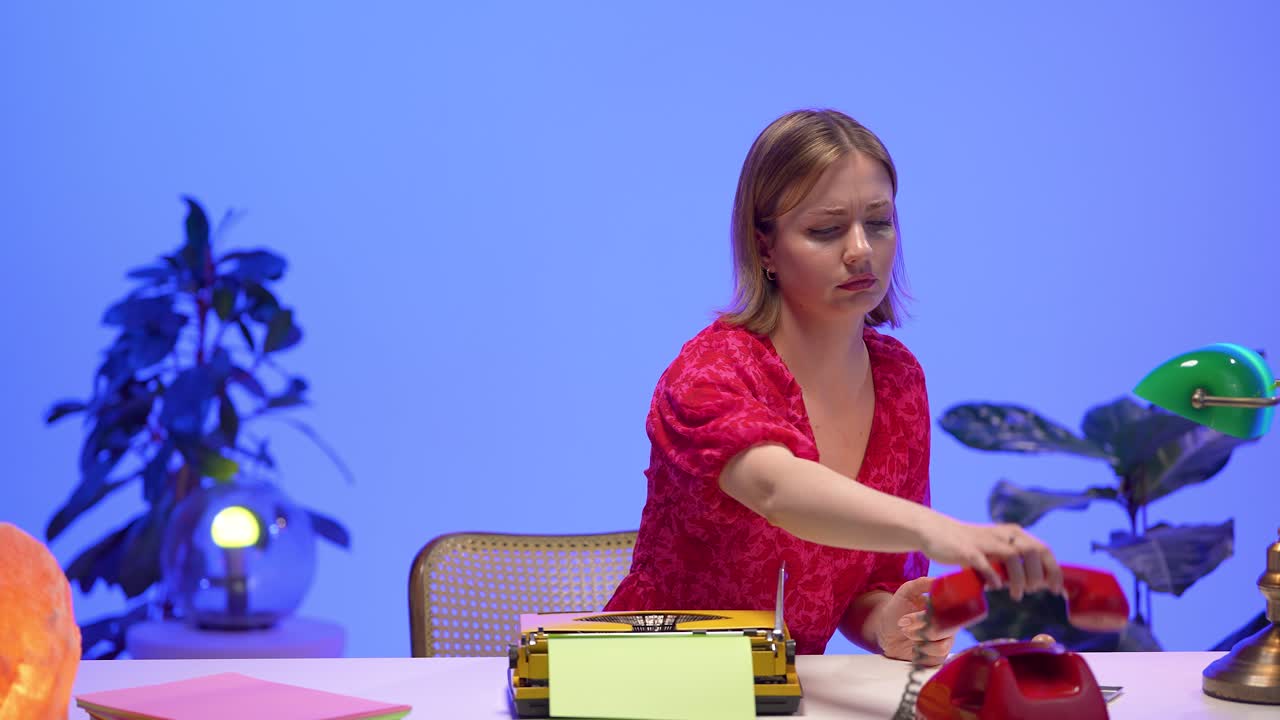 A woman wearing a red floral dress holds a red rotary phone while seated at a colorful retro desk with a yellow typewriter, surrounded by nostalgic decor in a stylized office setup