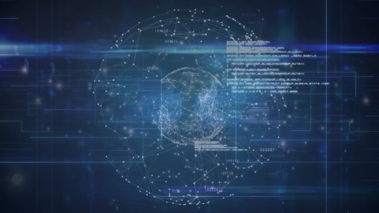 3D network sphere being visualized in virtual interface, displaying code blocks and light streaks