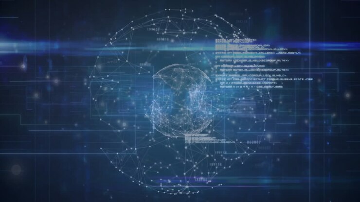 3D network sphere being visualized in virtual interface, displaying code blocks and light streaks