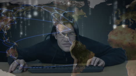 hacker escribiendo en la computadora tratando de ocultar su ubicación con líneas de conexión en el fondo