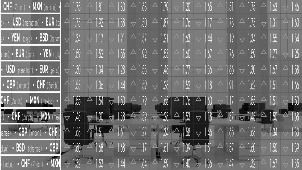 Animation of financial data processing over office desks with computers
