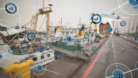 animation of connected icons over flying drone carrying cardboard box against boats parked in dock