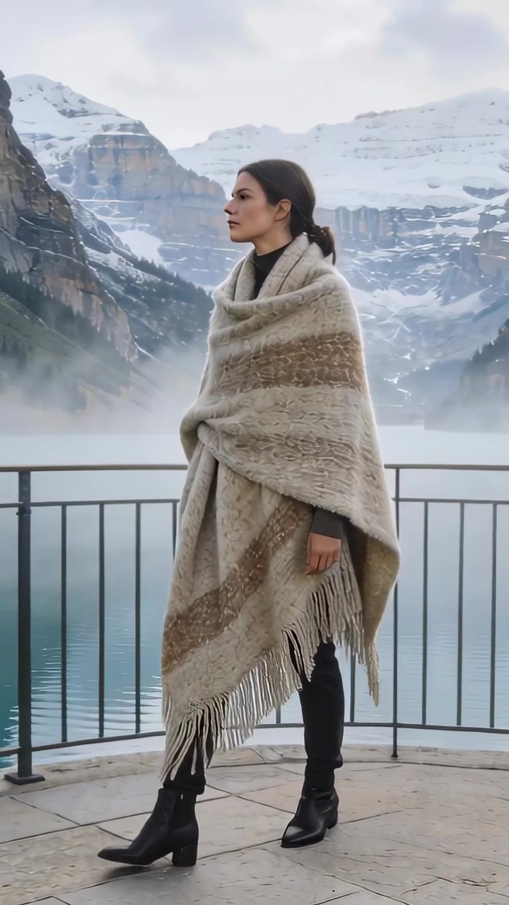 Donna che sposta il peso e fa un passo a sinistra su una terrazza, con lo scialle che ondeggia, inquadrando un lago di montagna per un viaggio.