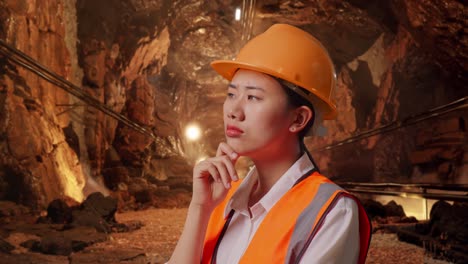 excited female engineer in a mine tunnel