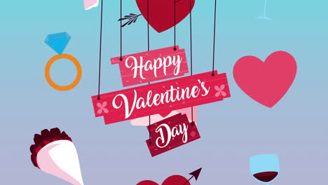 happy valentines day lettering hanging and set icons