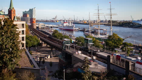 Hamburg-Cityscape,-Elevated-Railway-&-Ship