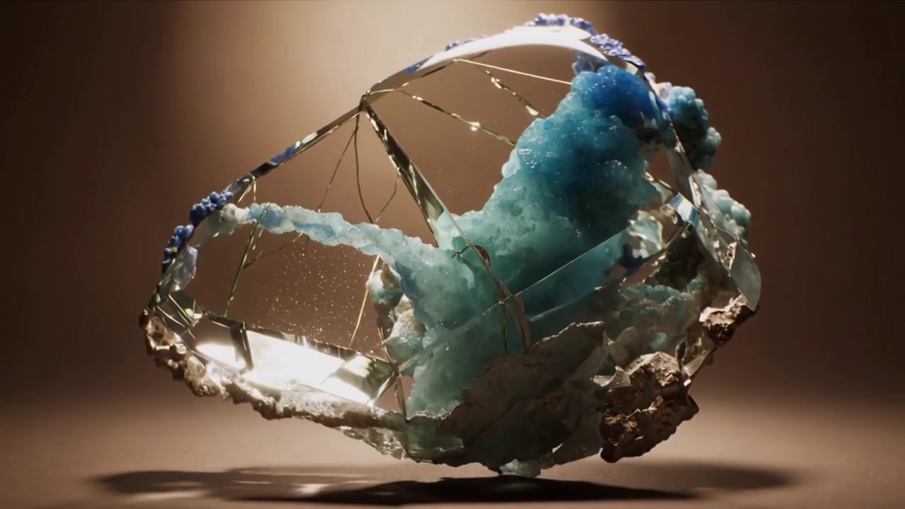 Pulling back camera, glassy specimen rotating on studio table, revealing blue crystals for display