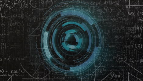 Animating-futuristic-circular-interface-over-mathematical-equations-on-school-blackboard