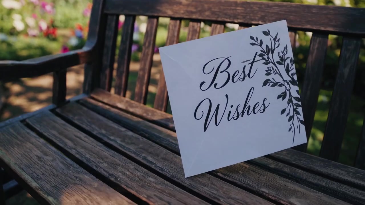 Best Wishes Greeting Card on a Wooden Bench in a Garden