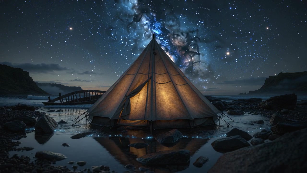 La telecamera che si allontana rivela una tenda di tela che brilla nelle pozze di marea su una costa rocciosa, esponendo la Via Lattea
