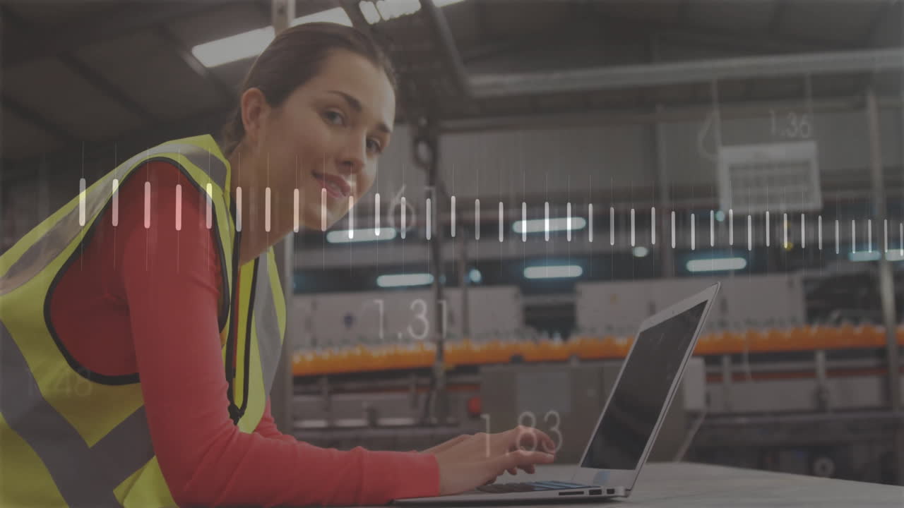 Working on laptop, woman in safety vest with measurement scale animation over