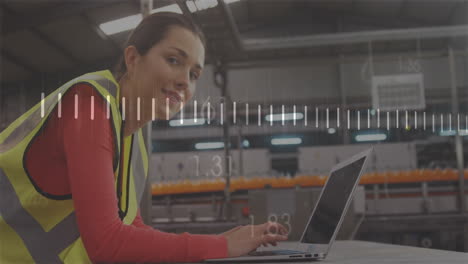 working on laptop, woman in safety vest with measurement scale animation over