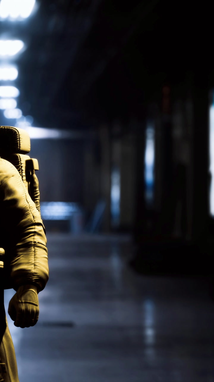 Astronaut wandering through an enigmatic urban environment at night