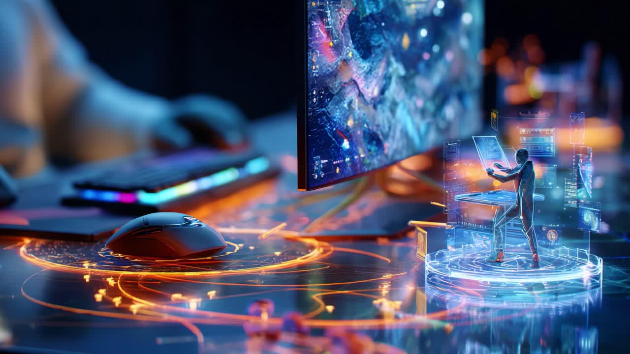 Futuristic Digital Workspace with Holographic Technology: A Glimpse into Virtual Interaction and Advanced Computing, Showcasing Dynamic Graphics and Interactive Design Elements