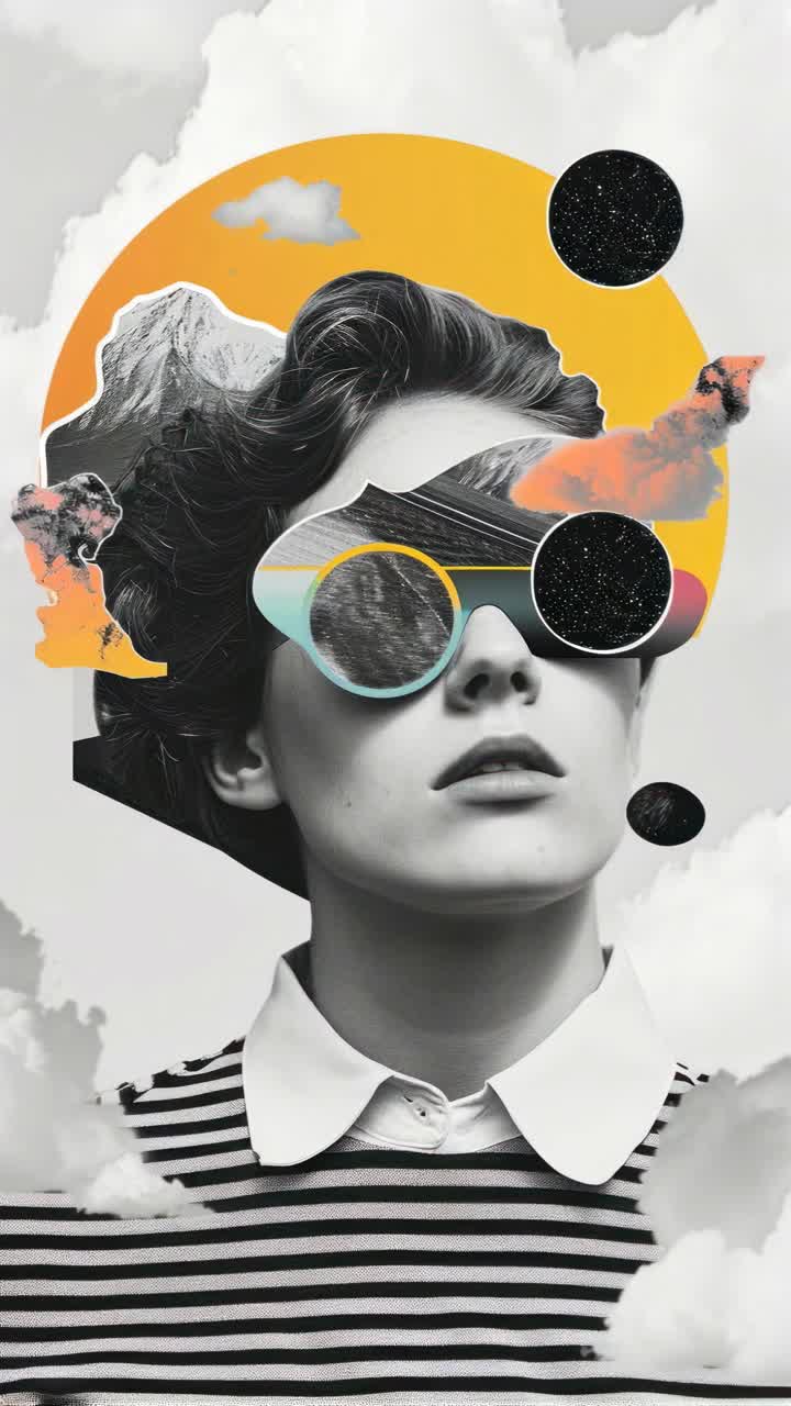 Surreal video concept with a low-angle view of a woman in striped shirt, featuring a collage