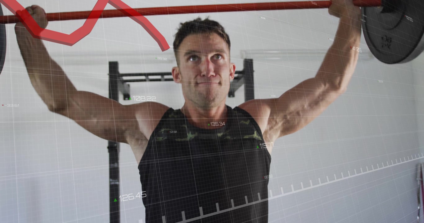 Lifter positioning under bar in gym pressing overhead hinging hips for next lift with data graph