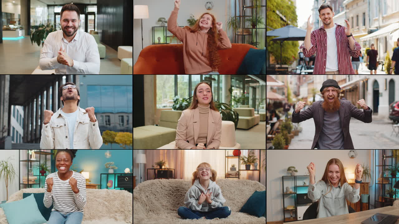 colage de personas sonrientes felices hombres mujeres celebrando el éxito juego victoria ganar buenas noticias positivas