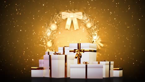 una pila de cajas de regalos con corona de navidad y nieve cayendo