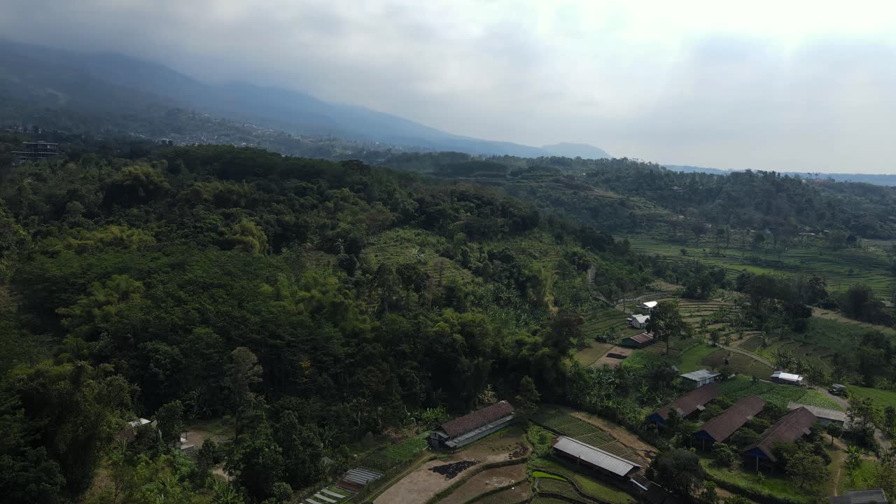 Aerial drone footage of Indonesian rural village with golden dome mosque surrounded by rice terraces, farmland, and green hills in the background