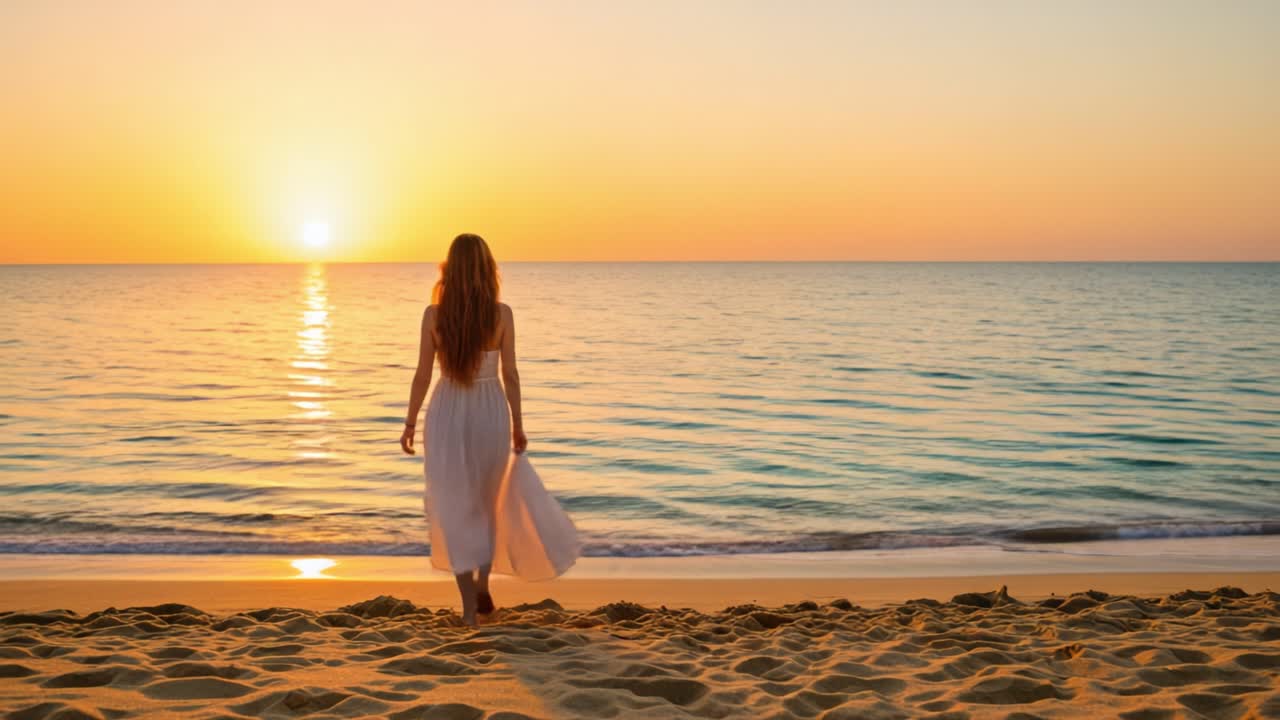 A woman stands on a sandy beach as the sun sets over the horizon, casting a warm golden glow across the water. Dressed in a flowing white dress, she gazes into the distance, taking in the peaceful beauty of the moment. The gentle waves lap at the shore, creating a soothing soundtrack to this tranqui