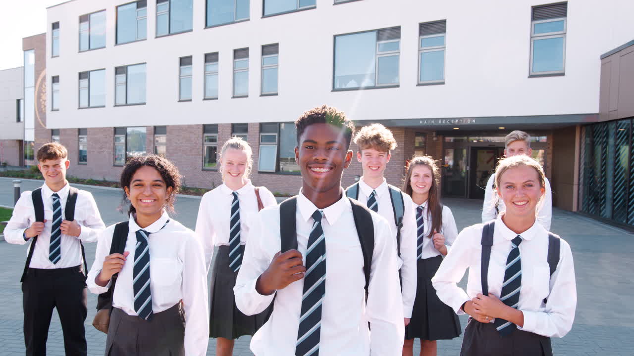 retrato de estudiantes de secundaria de sexo masculino sonrientes con uniforme fuera del edificio de la universidad