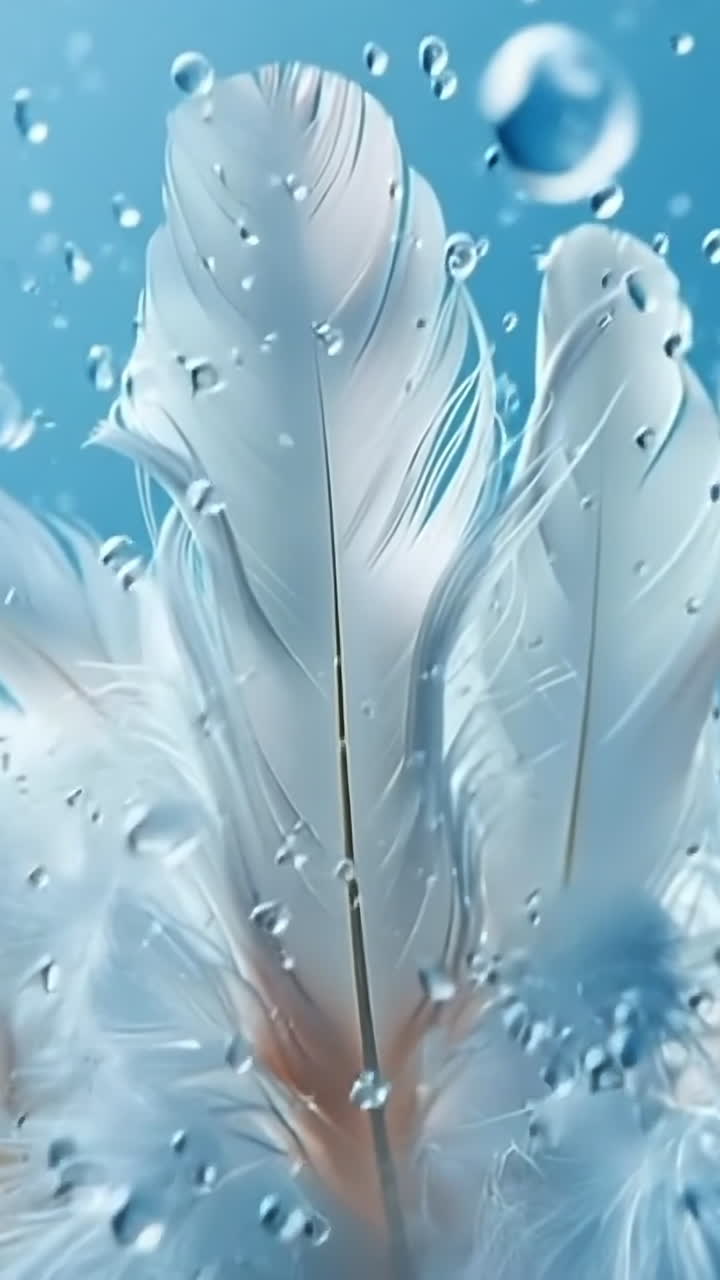 White feathers in water beads. White feathers float elegantly in water, surrounded by shimmering droplets, creating a serene underwater effect.