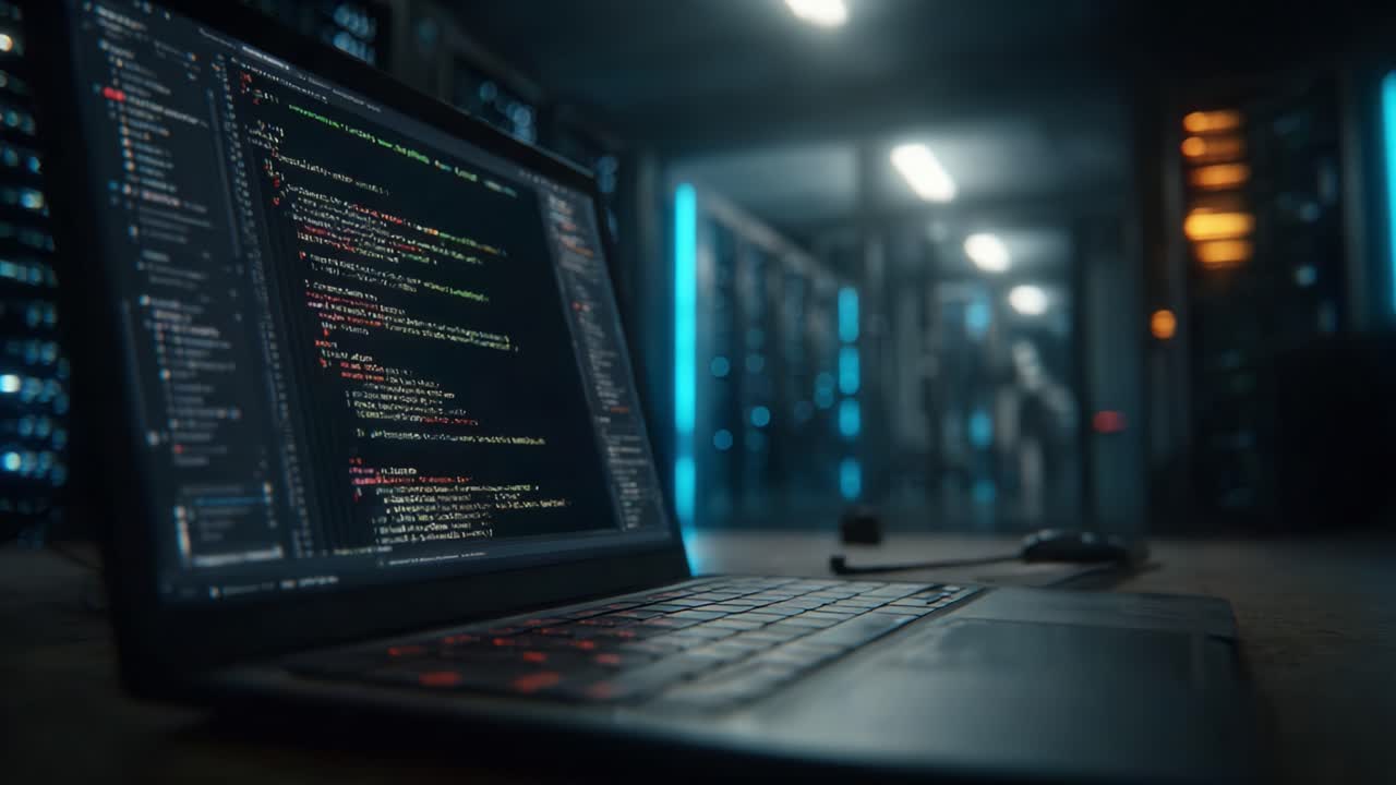 A Close-up View of a Laptop Displaying Code in a Data Center, Highlighting the Intricate World of Programming and Technology in a Modern Computing Environment