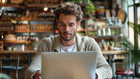 man working on a laptop in a cafe