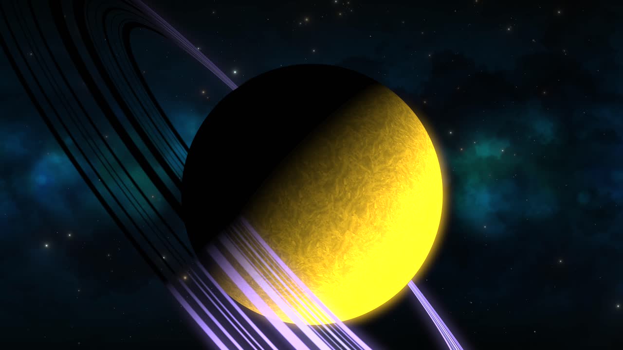 Zoom CGI verso un pianeta alieno giallo, simile a Saturno, posizionato lateralmente con anelli viola davanti a una nebulosa blu-verde, spazio, ampia veduta.